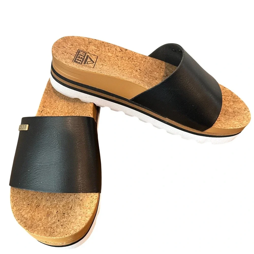 Reef Cushion‎ Scout Hi Black Platform Slide Sandals with Cork Footbed Women's 7